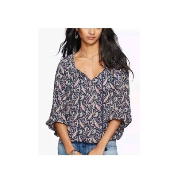 Ralph Lauren Denim & Supply Boho Top Size Medium Blouse Blue Paisley Tassel - Picture 1 of 8